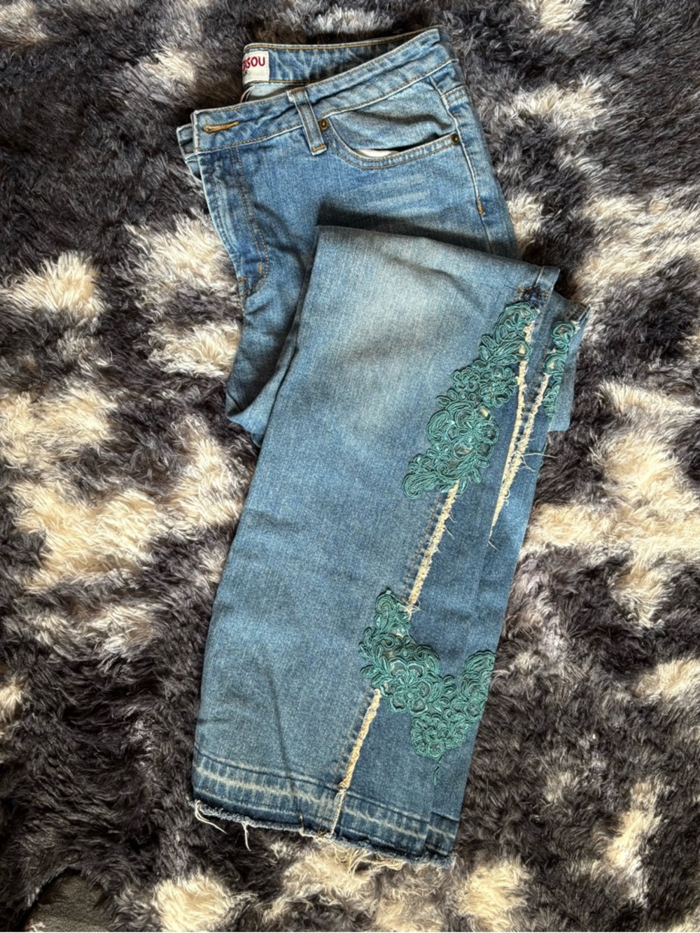 Bisou Bisou Vintage-Inspired Teal Embroidered Jeans with Back Patch Detail